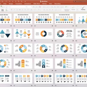 May include: A PowerPoint presentation template with various charts and graphs. The slides feature different layouts and color schemes, including blue, orange, and yellow. The slides are numbered and include titles and placeholders for text and data.