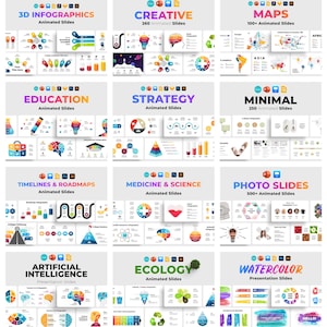 K&ouml;nnte beinhalten: Eine Sammlung animierter Pr&auml;sentationsfolien zu verschiedenen Themen, darunter 3D-Infografiken, kreative Designs, Karten, Bildung, Strategie, minimalistische Layouts, Zeitachsen, Medizin, k&uuml;nstliche Intelligenz, &Ouml;kologie, Fotofolien und Aquarellpr&auml;sentationen.