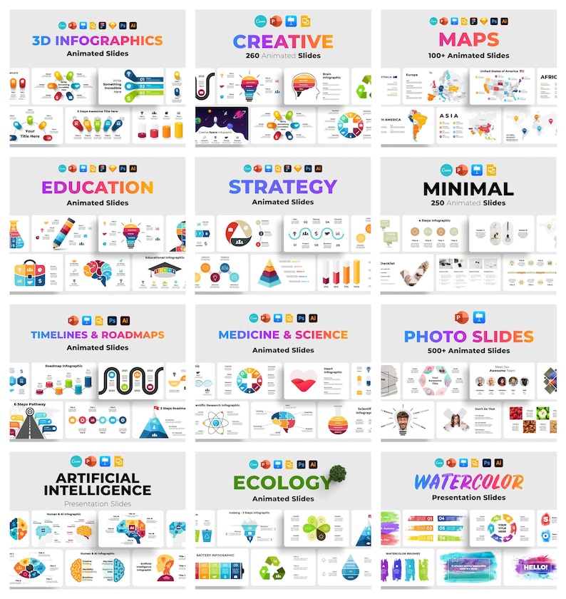 K&ouml;nnte beinhalten: Eine Sammlung animierter Pr&auml;sentationsfolien zu verschiedenen Themen, darunter 3D-Infografiken, kreative Designs, Karten, Bildung, Strategie, minimalistische Layouts, Zeitachsen, Medizin, k&uuml;nstliche Intelligenz, &Ouml;kologie, Fotofolien und Aquarellpr&auml;sentationen.