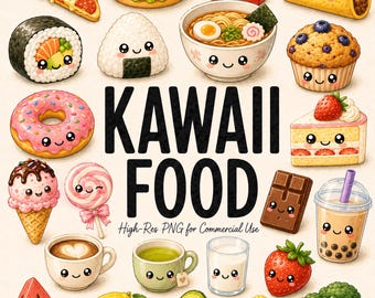 Paquete de 25 imágenes prediseñadas de comida kawaii, comida rápida asiática americana linda, pizza, hamburguesa, sushi, ramen, postres, bebidas, frutas, ilustraciones PNG