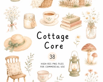 38 Cottagecore Clipart Set, Cozy Watercolor Cottage House Clip Art, High-Res Autumn Transparent PNG Illustration, Water Color Fall Cliparts