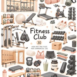 May include: A collection of fitness equipment including a gym building, treadmills, dumbbells, kettlebells, a weight bench, yoga mats, protein shakers, trainers, jump ropes, a barbell, resistance bands, and lockers, with the text Fitness Club 30.
