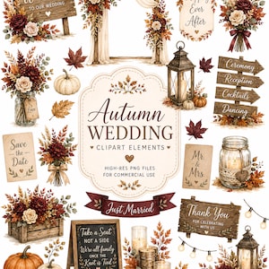 Peut inclure: Une collection d'éléments de cliparts de mariage d'automne comprenant des panneaux en bois avec du texte, des compositions florales aux fleurs bordeaux et crème, des citrouilles, des lanternes, des bougies et des guirlandes lumineuses.