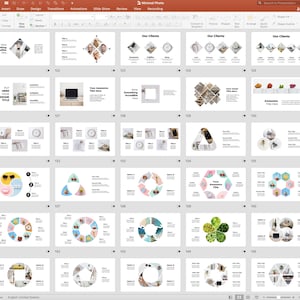 Peut inclure: Une capture d'&eacute;cran d'une pr&eacute;sentation PowerPoint avec une vari&eacute;t&eacute; de mod&egrave;les de diapositives. Les diapositives pr&eacute;sentent diff&eacute;rentes mises en page, couleurs et graphiques, notamment des cercles, des triangles et des hexagones. Certaines diapositives contiennent des images d'horloges, de fleurs et d'autres objets. Les diapositives sont intitul&eacute;es "Nos clients", "Quelque chose d'incroyable", "Votre titre g&eacute;nial" et "G&eacute;nial".