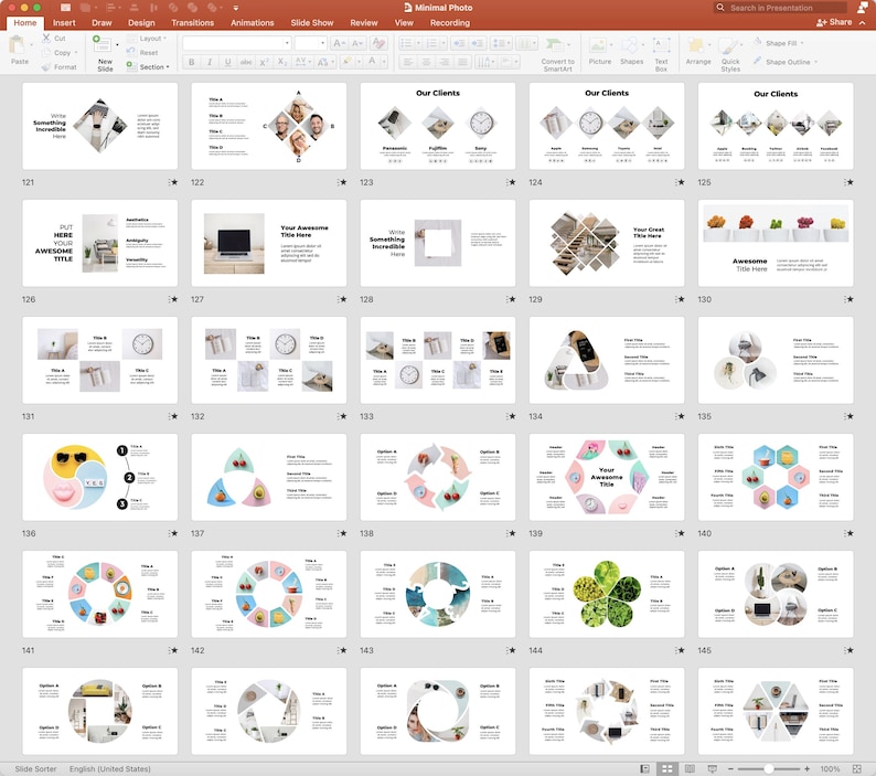 Peut inclure: Une capture d'&eacute;cran d'une pr&eacute;sentation PowerPoint avec une vari&eacute;t&eacute; de mod&egrave;les de diapositives. Les diapositives pr&eacute;sentent diff&eacute;rentes mises en page, couleurs et graphiques, notamment des cercles, des triangles et des hexagones. Certaines diapositives contiennent des images d'horloges, de fleurs et d'autres objets. Les diapositives sont intitul&eacute;es "Nos clients", "Quelque chose d'incroyable", "Votre titre g&eacute;nial" et "G&eacute;nial".