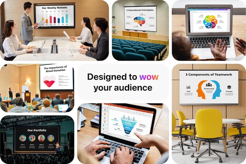 This image showcases how PowerPoint presentation templates with vector infographics and animated slides can be used in various real-life scenarios. Whether it's a business meeting, conference hall, classroom, online collaboration, or large event, these editable slides work seamlessly in Canva, Keynote, and PPT. Display data on a projector, laptop, or big screen, making your pitch deck, marketing report, or educational session visually engaging and professional. Designed to wow your audience!