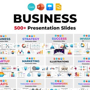 Könnte beinhalten: Eine farbenfrohe Grafik mit über 500 Präsentationsfolien für Business, Strategie, Erfolg, Investor, Startup, Marketing, Illustrationen, SWOT-Analyse, Karten, Zeitpläne & Roadmaps, Teamwork und Zeitmanagement. Die Folien sind für die Verwendung mit Canva, PowerPoint, Google Slides und Keynote konzipiert.