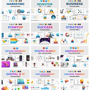 May include: A collage of 12 colorful squares, each featuring a different category of animated presentation slides. The categories include Marketing, Investor, Business, Startup, Success, Strategy, Device Mockups, Photo Slides, Motivation, Digital & IT, Time Management, and Creative Thinking.