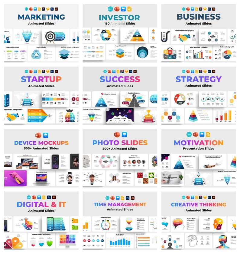 May include: A collage of 12 colorful squares, each featuring a different category of animated presentation slides. The categories include Marketing, Investor, Business, Startup, Success, Strategy, Device Mockups, Photo Slides, Motivation, Digital & IT, Time Management, and Creative Thinking.