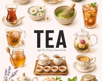 26 elementos de imágenes prediseñadas para la ceremonia del té, tetera con té helado matcha verde y menta, ilustraciones PNG modernas y limpias de bebidas.