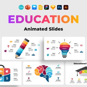 Könnte beinhalten: Ein Satz farbenfroher animierter Folien für Präsentationen zum Thema Bildung. Die Folien zeigen verschiedene Symbole und Diagramme, darunter eine Glühbirne, eine Abschlusscap, eine Aktentasche, ein Gehirn und ein Becherglas. Der Text "EDUCATION" wird in großen, fetten Buchstaben oben im Bild angezeigt.