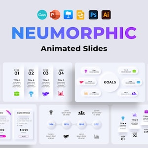 Neumorphism PowerPoint Presentation Template, Neumorphic Infographics, Modern Keynote Pitch Deck Design, Animated Ppt Slides, Canva Theme