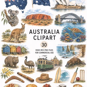 May include: A collection of watercolour illustrations featuring Australian icons including the flag, Sydney Opera House, Harbour Bridge, koala, kangaroo, wombat, emu, platypus, beach huts, surf board, cricket gear, food, and text reading AUSTRALIA CLIPART 30.