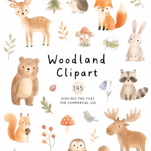 145 imagens clipart de animais da floresta em estilo boho, aconchegantes, com folhagens delicadas em tons pastel, perfeitas para chá de bebê e decoração de quarto infantil. Imagens PNG transparentes.
