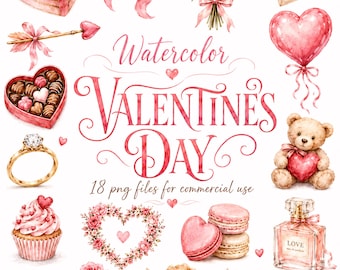 Watercolor Valentine’s Day Clipart, Heart Symbol, I Love You, Winter Holiday, Valentines Celebration PNG Illustrations, Digital Download