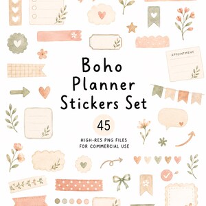 May include: A collection of watercolor planner stickers featuring various shapes, floral elements, bows, and banners in soft peach, green, and cream tones. The text reads Boho Planner Stickers Set 45 HIGH-RES PNG FILES FOR COMMERCIAL USE.