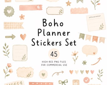 Boho Planner Stickers Clipart, 45 High-Res PNG Clip Art, Commercial Use, Digital Download Cliparts, Labels, Notes, Banners