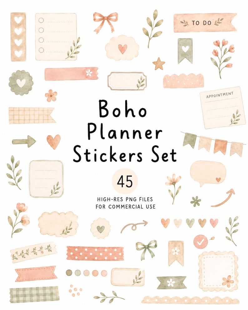 Boho Planner Stickers Clipart, 45 High-Res PNG Clip Art, Commercial Use, Digital Download Cliparts, Labels, Notes, Banners image 1