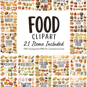 Könnte beinhalten: Eine digitale Sammlung von Lebensmittel-Cliparts mit verschiedenen Kategorien wie Fast Food, Frühstück, Grillen, Kaffee, Weihnachten, Halloween, asiatisch, italienisch, mexikanisch, Gemüse, Wurstwaren, Tee, Süßigkeiten, Obst und gesunde Lebensmittel.