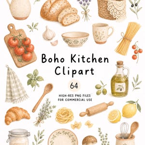 Watercolor Boho Kitchen Clip Art, 64 Food PNG Cliparts, Commercial Use, Water Color Cozy Cooking Clipart, Digital Download