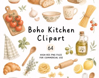 Watercolor Boho Kitchen Clip Art, 64 Food PNG Cliparts, Commercial Use, Water Color Cozy Cooking Clipart, Digital Download