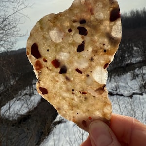 May include: A translucent, irregularly shaped stone with a mix of beige, white, and reddish-brown inclusions. The stone is held up to the sunlight, revealing its texture and the details of the embedded minerals. The background shows a snowy landscape.