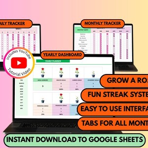 Könnte beinhalten: Drei Laptops zeigen Gewohnheitstracker und einen Jahresplaner. Die Bildschirme zeigen tägliche, monatliche und jährliche Ansichten mit Fortschrittsbalken und dem Text "Grow a Rose", "Fun Streak System" und "Easy to Use Interface". Enthält ein YouTube-Tutorial-Video.