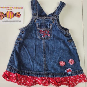 Vintage Y2K 'Girl vom Land' Bestickte Schürze 00er Jahre Baby Girl Denim Latzhose Kleid Baby Jeans Kleid 6-12 Monate (6-9 9-12)