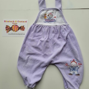 Vintage Lilac Romper 80s Baby Girl Velour Overalls 1980s Embroidered Dungarees Boat Race Sailing 0-6 months (0-3, 3-6) New Baby