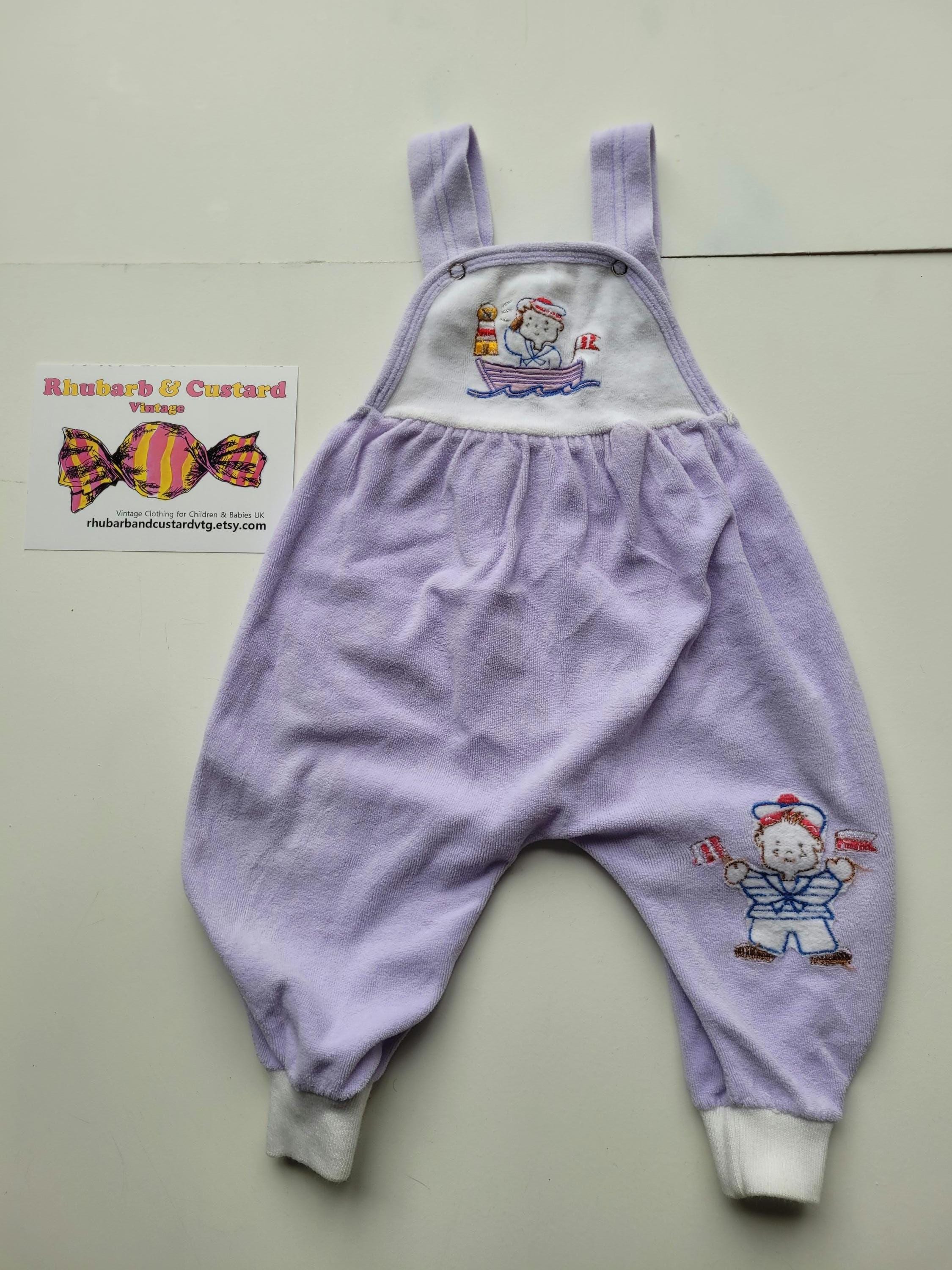 Vintage Lilac Romper 80s Baby Girl Velour Overalls 1980s Embroidered Dungarees Boat Race Sailing 0-6 months (0-3, 3-6) New Baby