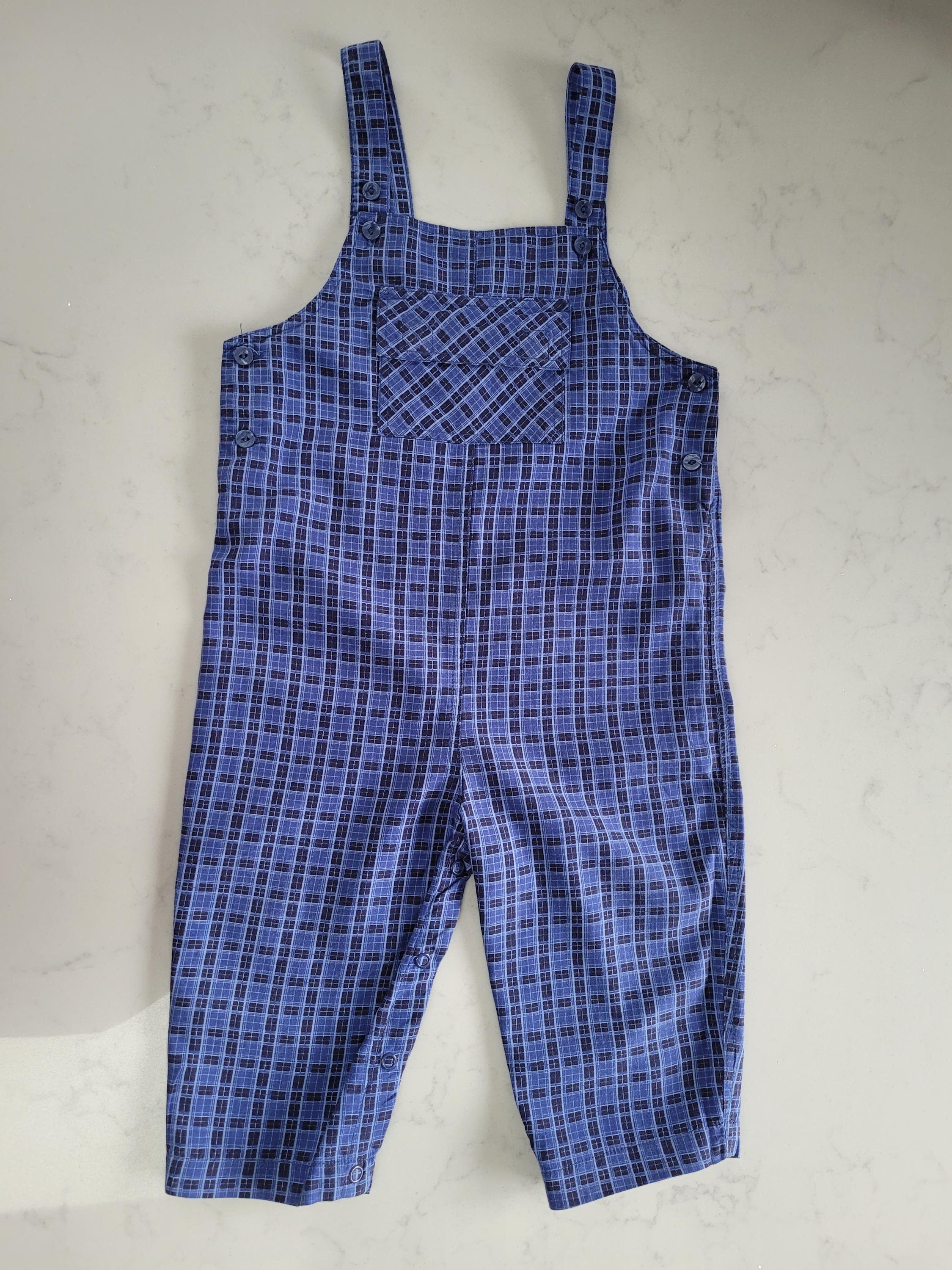 Vintage Boys Dungarees Early 90s Blue Gingham Checked 1990s Toddler Dungarees Overalls 12-18 months