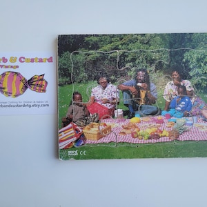 Vintage 90s  Black Family Pride Jigsaw Toy Wooden Puzzle w Photo of Picnic for Toddler or Preschooler Black History Game Toy for Child