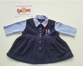 Vintage Corduroy Dress 90s &#39;Bonjoir Mon Ami&#39; 1990 for Baby Girl Embroidered Warm Long Sleeve Dress French Bebe 3-6 months