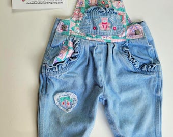 Vintage 90s Patchwork Bear Denim Dungarees Baby Girl Gingham Checked Colourful Bubble Romper Embroidered Overalls 3-6 months