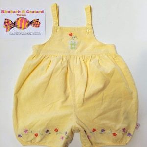 Vintage 90s Sunshine Yellow Bubble Dungaree Shorts Baby Girl Gingham Checked Pink Overalls 1990s Embroidered Dungarees Shortalls 3-6 Months