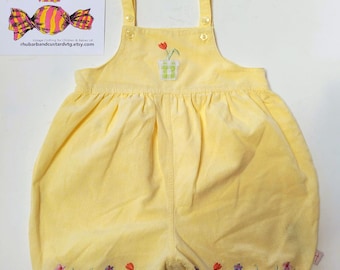 Vintage 90s Sunshine Yellow Bubble Dungaree Shorts Baby Girl Gingham Checked Pink Overalls 1990s Embroidered Dungarees Shortalls 3-6 Months