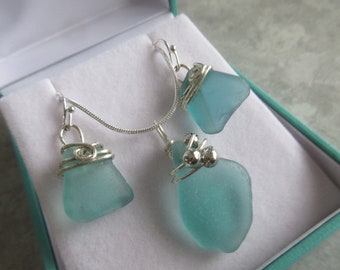 RARE Aqua Blue Seaglass-Genuine not fake SeaGlass Jewelry Set-Beach Glass Jewelry-Jewelry Gift Set - Aqua Blue Seaglass Gift Set