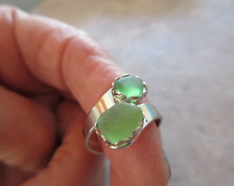 Double Ring -Sea Glass Green Ring - Beach Glass Ring - Holiday Cocktail Ring - Prince Edward Island Seaglass