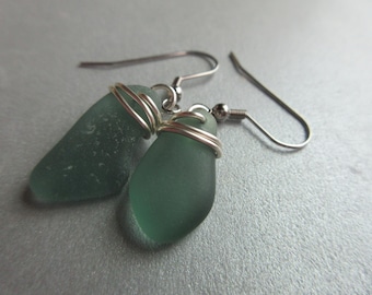RARE Teal Wire Wrapped Sea Glass Dangle Earrings - Beach Glass Earrings - Ocean Jewelry Gifts - Rare Light Teal Genuine Sea Glass
