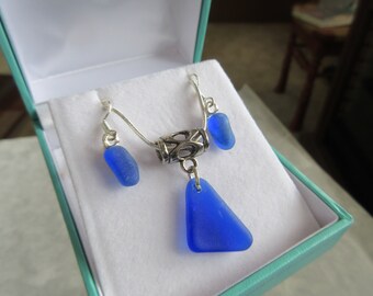 Holiday Cobalt Blue Seaglass-Genuine not fake Sea Glass Jewelry Set-Beach Glass Jewelry-Ocean Jewelry Set - Dark Blue Seaglass Gift Set