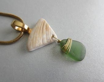 Soft Green Seaglass and Shell Necklace - Sea Glass Pendant - Shell Pendant - Ocean Jewelry Pendant Gift - Sea Shell Pendant with Sea Glass