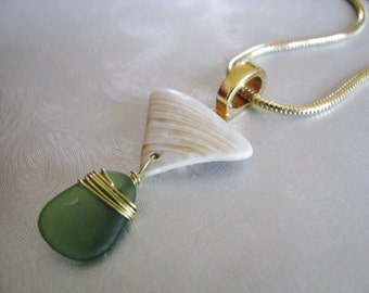 Soft Green Seaglass and Shell Necklace - Sea Glass Pendant - Shell Pendant - Ocean Jewelry Pendant Gift - Sea Shell Pendant with Sea Glass