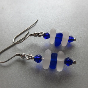 Blue and White- Stacked Seaglass Earrings-Beach Glass Earrings -Dangle Earrings-Genuine Sea Glass from Prince Edward Island- Ocean Jewelry