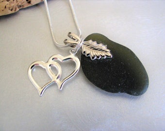 Sea Glass Pendant Necklace - Olive Green - Beach Glass Jewelry - Double Heart Charm - Wedding Sea Glass Necklace - Bridal Necklace Gift