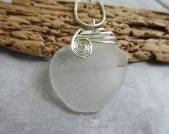 Handmade Sea Glass Pendant - Sea Glass - White Sea Glass - Unique Wire Wrap - Pure Sea Glass from Prince Edward Island - Ocean Jewelry Gifts