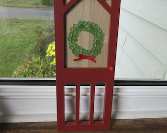 Sea Glass Beach Artwork- Red Frame Door with Green Christmas Wreath- Sea Glass Mosaic-Wooden 12 1/2" x 5" with 50 plus pieces-BEACH Gift