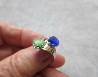 Double Ring -Sea Glass Green and Cobalt Blue Ring - Beach Glass Ring - Holiday Cocktail Ring - Prince Edward Island Seaglass