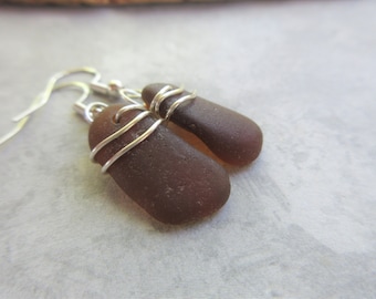 Sea Glass Earrings - Brown Dangle Earrings - Wire Wrapped Sea Glass - Prince Edward Island sea glass -pure sea glass - ocean jewelry