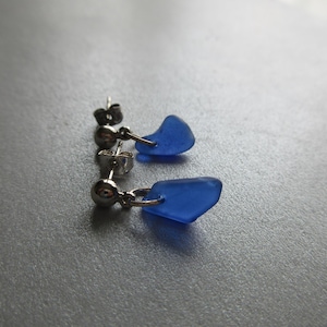 Rare Cobalt Blue Stud Earrings with dangle - Sea Glass Posts - Sea Glass Earrings - Surgical Steel- Pure Sea Glass from Prince Edward Island