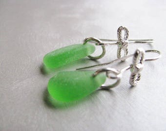Kelly Green Earrings - Beach Glass Ribbon Charm Earrings - Sea Glass Jewelry - Spring Sea Glass Gift - Ocean Jewelry  Gift - Seaglass Gift